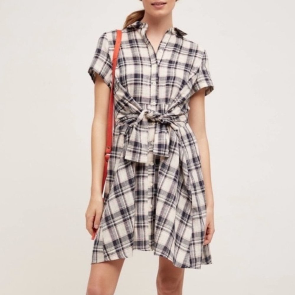 Anthro - 11 1 Tylho Plaid Tie Front Shirt Dress XSP